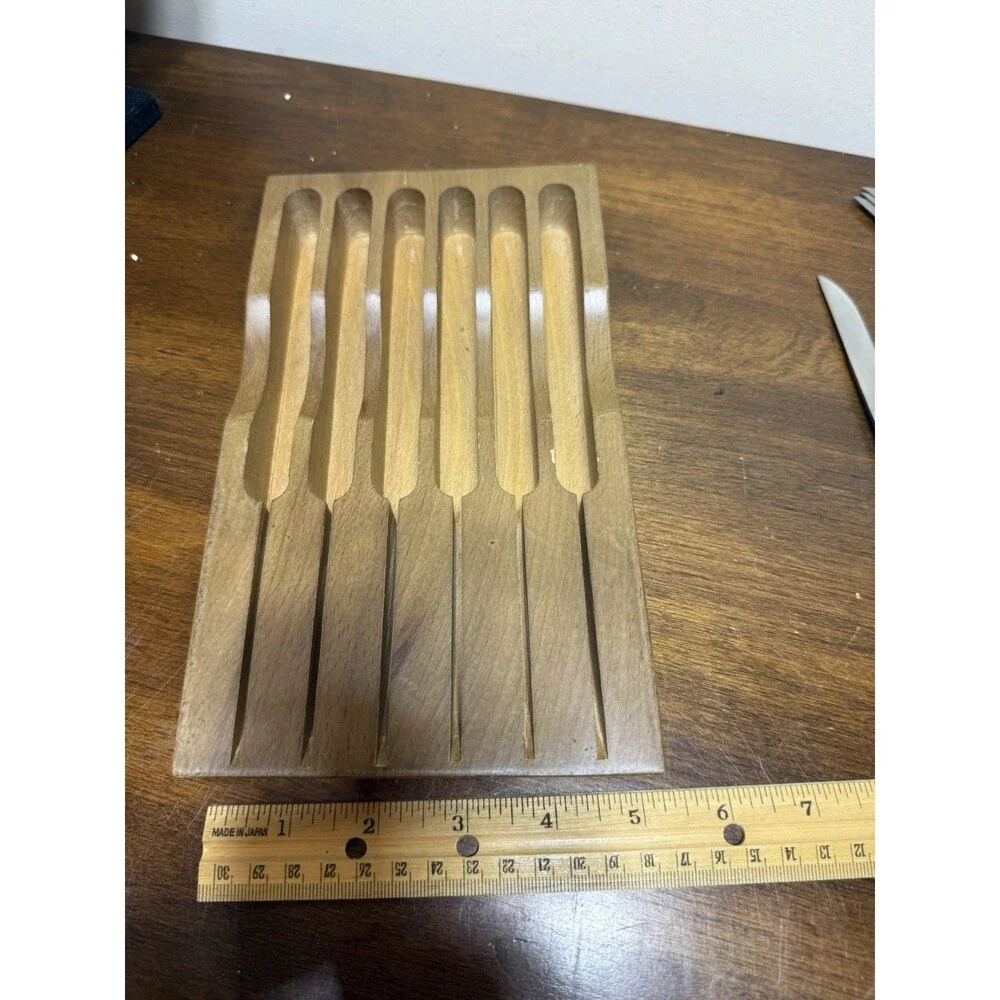 Vintage MCM Steak Knife Set 6pc Stainless Steel Oak Block Stand Curved Japan